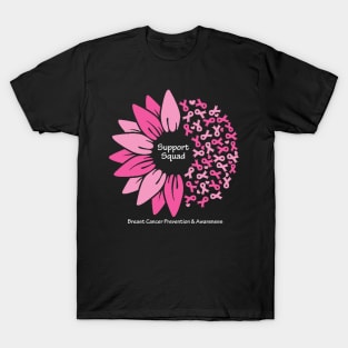 Breast cancer support squad with flower, ribbons & white type T-Shirt